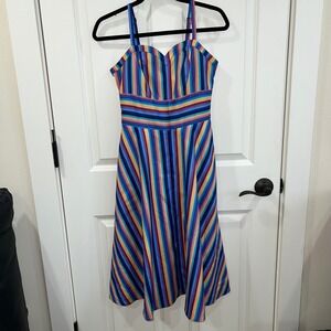 Voodoo Vixen Vintage Inspired Multicolor Striped Sleeveless Flare Dress Small‎